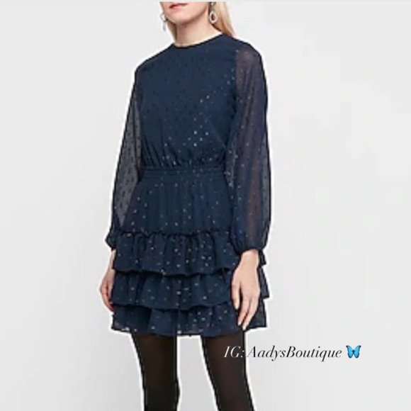 Express Clip Dot Dress Smocked Tiered Long Sleeves Mock Neck Size XS New w/Tag - Picture 10 of 11